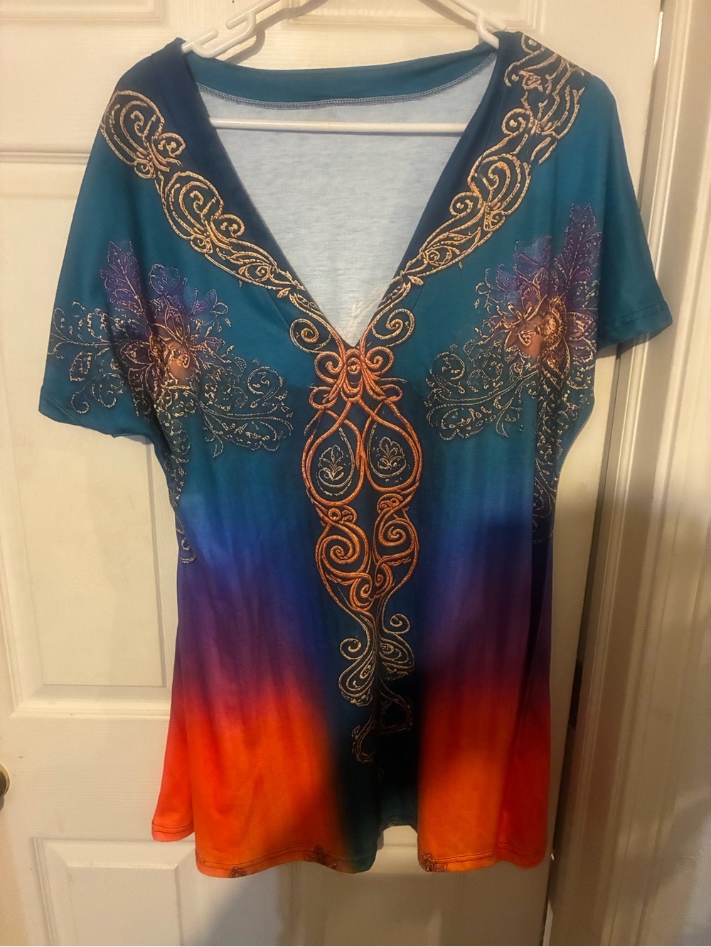 V-Neck Ombre Embroidered Women’s Dress in Teal & Orange